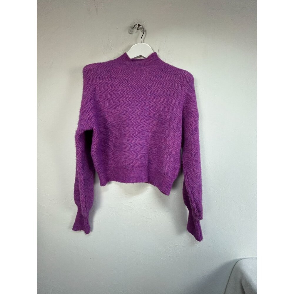 Molly Bracken Womens Purple Zig-Zag Knit Mock Neck Crop Sweater Medium Pullover